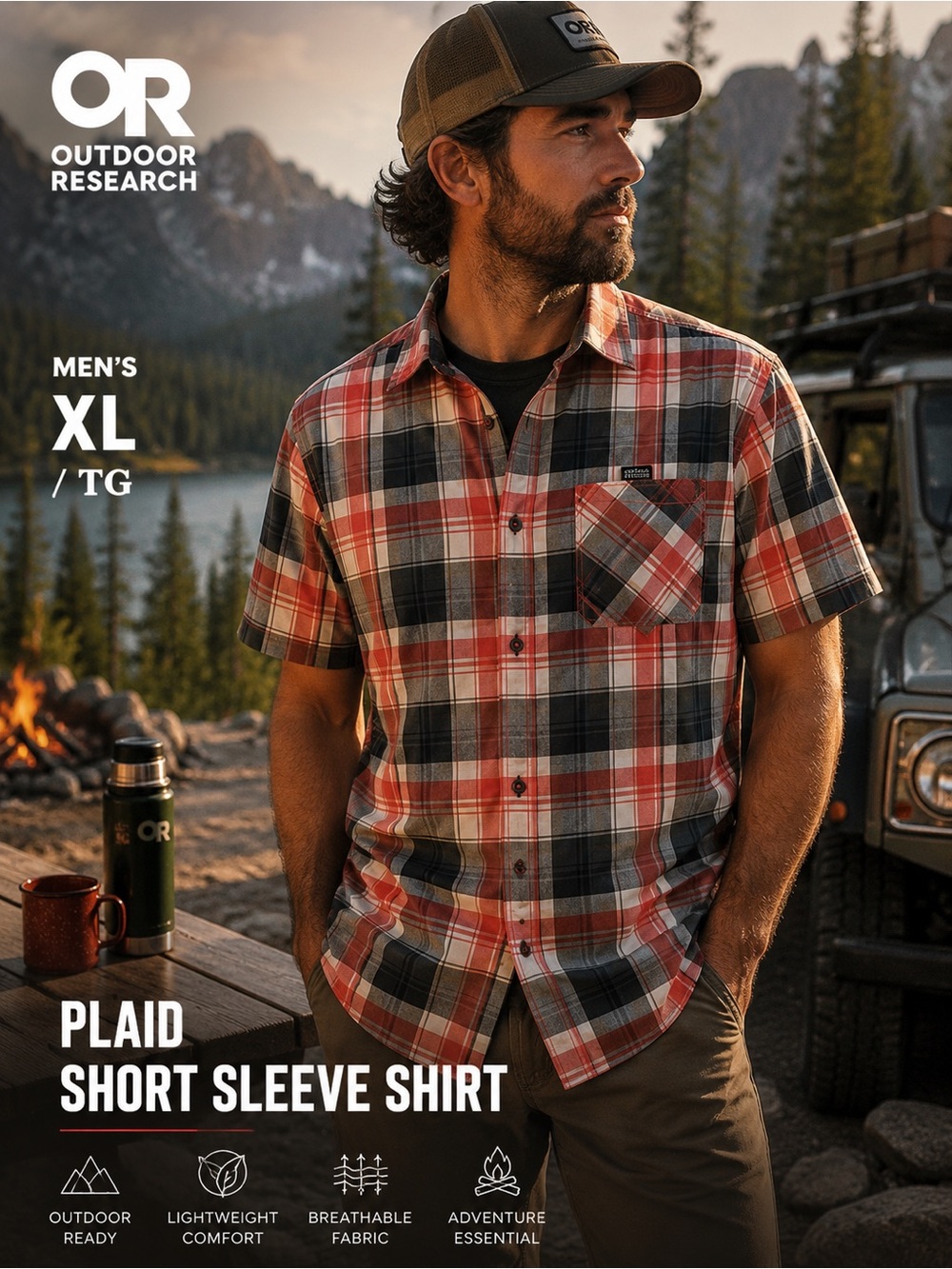 Outdoor Research Men’s XL Plaid Hiking Shirt Red Gray Lightweight Outdoor EUC